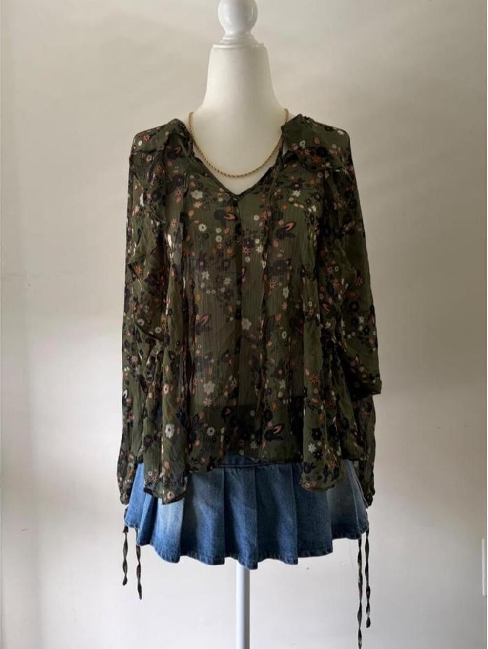 Y2K Topshop Sheer Floral Peasant Blouse | Fairy Grunge Boho Tie Neck Top